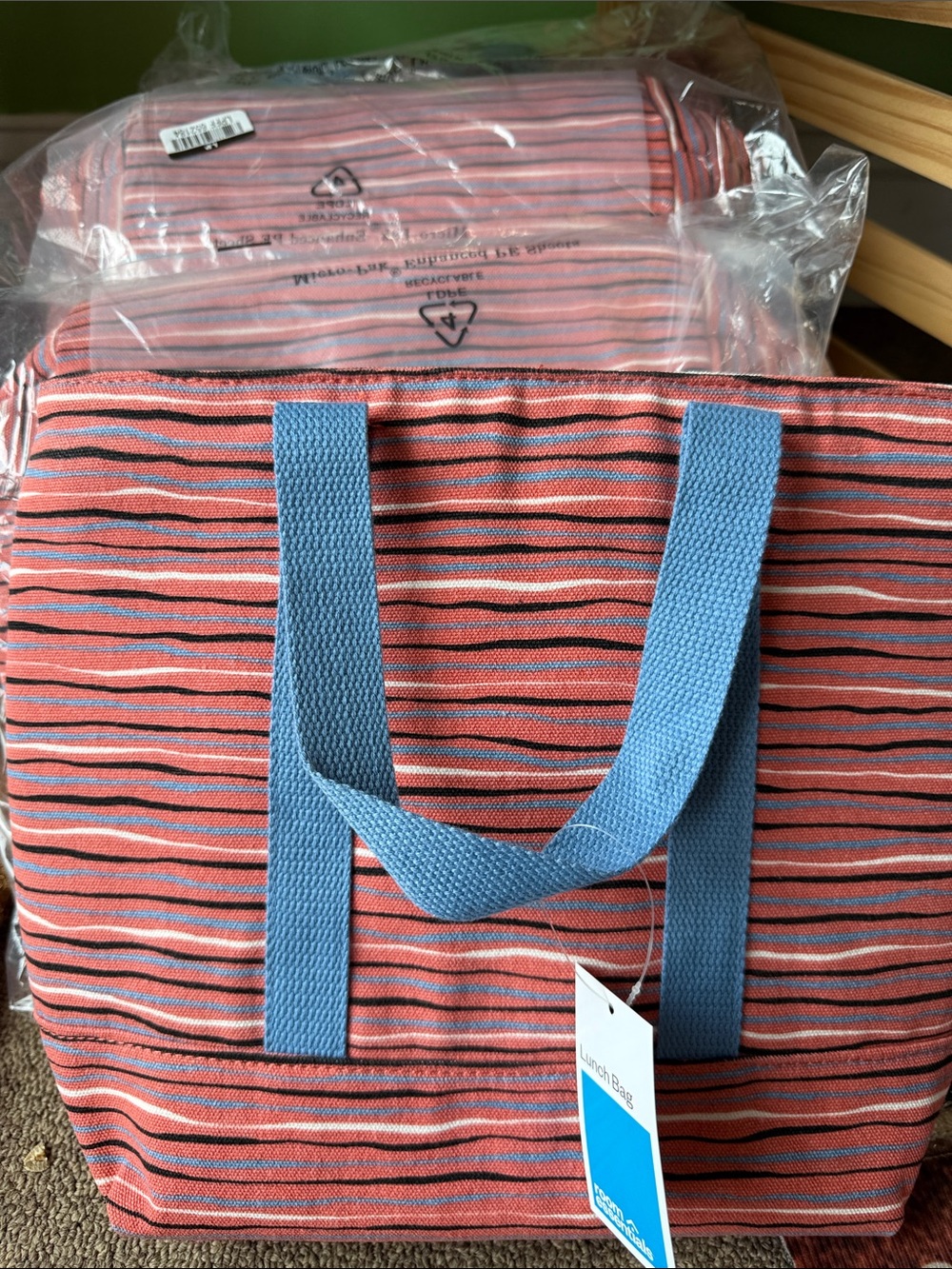 Room Essentials Coral and Blue Striped Set of 2 Tote Bags